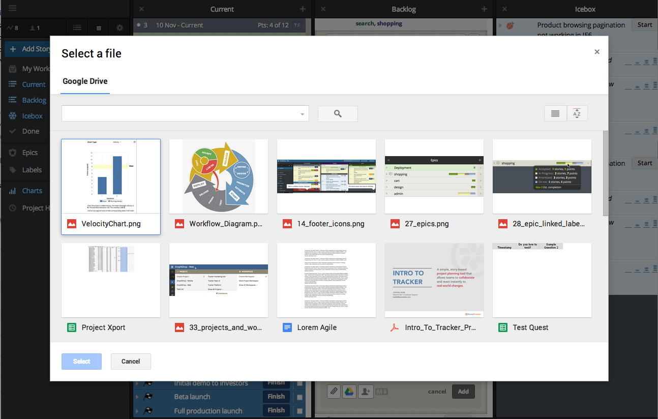 Choosing a Google Drive file in Pivotal Tracker