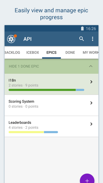 Screenshot showing how to manage epics in the Pivotal Tracker Android app.
