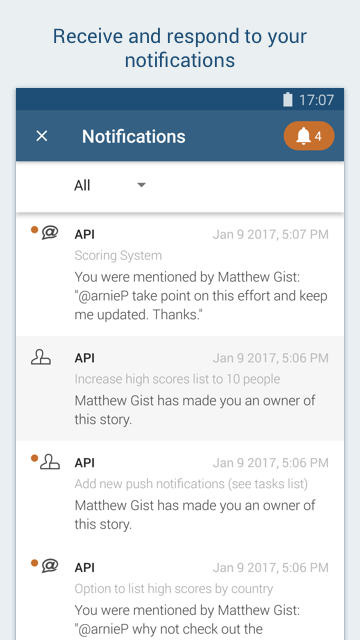 Screenshot showing how to filter notifications in the Pivotal Tracker Android app.