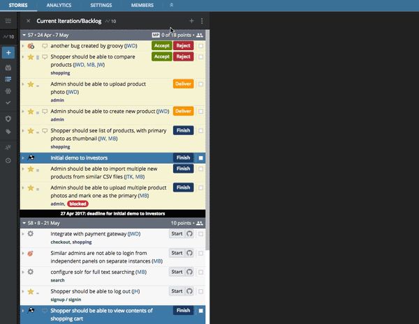 Screenshot .gif showing how to split and combine the Current and Backlog panels in Pivotal Tracker.